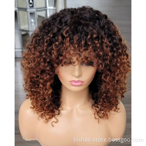 Wholesale BIS Ombre Honey Blonde Full Machine Wigs With Bangs 1B27 150 Denity Jerry Curly Human Hair Wigs For Black Women